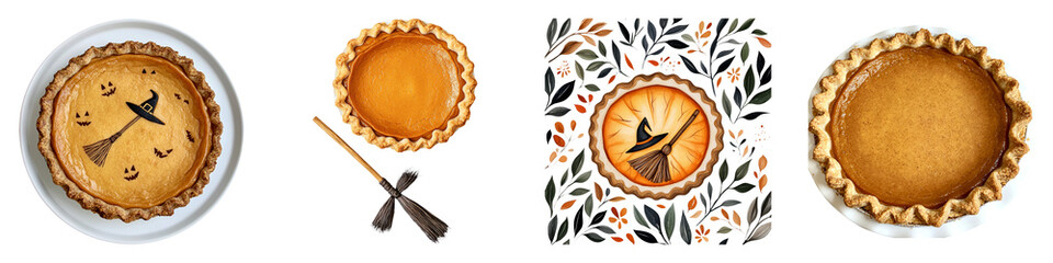 halloween food, pumpkin pie, spooky A visually appealing assortment of pies displayed on a dark background, showcasing various pie designs and textures.