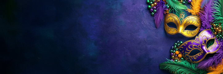 Mardi Gras mask and feathers in corner on dark textured purple background, ideal for festive banners, carnival ads and celebratory graphics. banner with free space for text