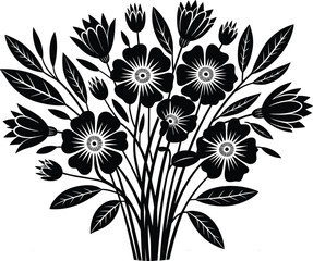 Elegant black floral bouquet illustration, intricate flower and leaf silhouette, artistic botanical vector design, decorative home wall decor artwork
