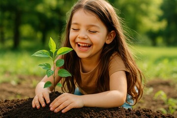 Smiling girl planting a seedling in the soil during springtime, educational and eco-friendly promoting childhood connection to nature,environmental campaigns, school projects