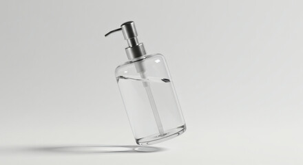 Transparent liquid soap dispenser with silver pump, floating with slight tilt, casting soft shadow on white background