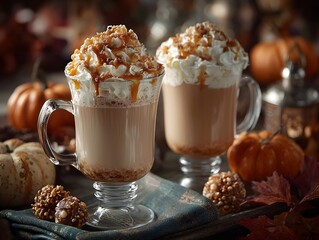 Two pumpkin spice lattes topped with whipped cream and caramel sit among autumnal decorations indoors.
