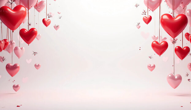 empty space in center. Falling Red and pink hearts isolated on white background. close up. 3D modering. photo. Valentine’s day design.