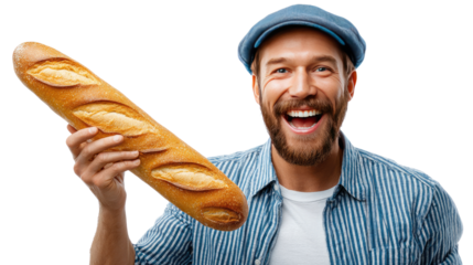 Baguette and Joy: A man with a cheerful smile happily holds a fresh, golden baguette, radiating warmth and the simple pleasures of life.