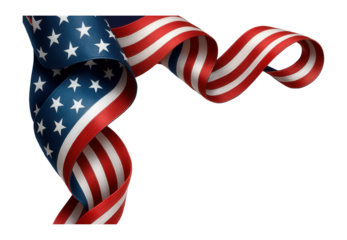 Curved ribbon with American flag design featuring stars and stripes on transparent background.