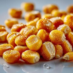 Golden Corn Kernels with Water Droplets Close up