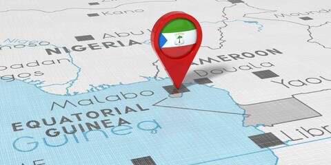 Fototapeta premium Equatorial Guinea, Malambo - location pin with national flag on political map - 3D illustration