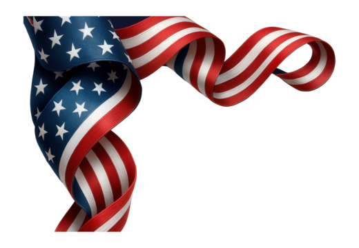 Curved ribbon with American flag design featuring stars and stripes on transparent background.