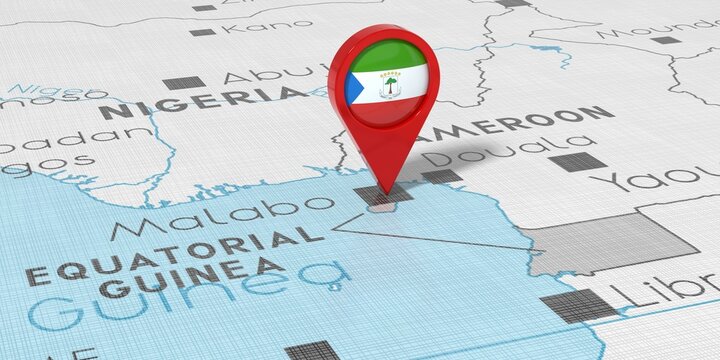 Equatorial Guinea, Malambo - location pin with national flag on political map - 3D illustration