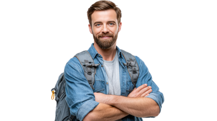 Happy Hiker's Journey: A cheerful traveler, equipped with a backpack, beams with anticipation, ready to conquer the upcoming trails and soak in nature's beauty.