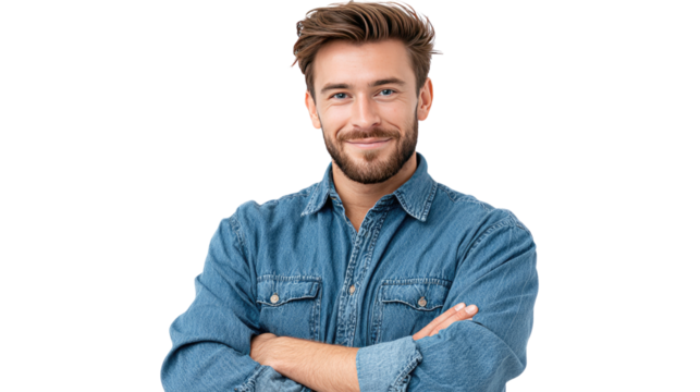 Confident Portrait: A handsome man with a neatly groomed beard and warm eyes exudes confidence, his arms crossed in a pose of self-assurance.