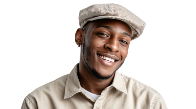 Confident and Charming: A portrait of a young man with a warm, genuine smile, wearing a stylish cap, showcasing a sense of confidence and approachability.