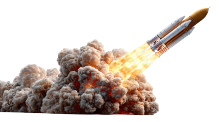 Rocket Launch into the Sky: A powerful rocket soars gracefully, ascending into the atmosphere, leaving a trail of fire and smoke, a testament to human achievement and technological advancement. 