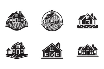 Set of Black and White House Icon Illustrations Depicting Rural Homesteads and Simple Farmhouse Designs Perfect for Real Estate Branding