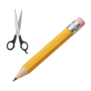 Scissors and pencil isolated on transparent background for cutting and writing tasks