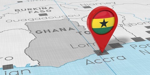 Fototapeta premium Ghana, Accra - location pin with national flag on political map - 3D illustration