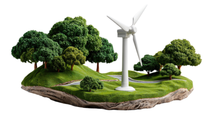Wind Turbine in Scenic Landscape: A miniature wind turbine stands prominently amidst a picturesque landscape of lush green grass and verdant trees, signifying a commitment to sustainable energy.