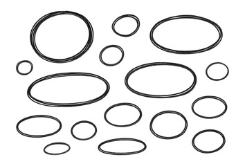A collection of various black hand-drawn oval and circle shapes scattered across the image on transparent background.