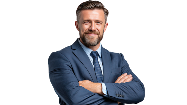 Confident Business Professional: A sharply dressed business executive with a confident posture, exuding professionalism and readiness, poised for success.