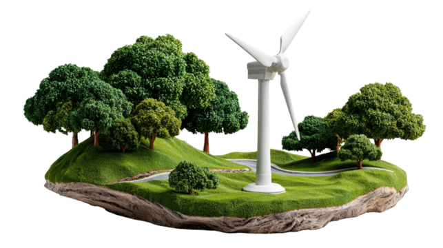 Wind Turbine in Scenic Landscape: A miniature wind turbine stands prominently amidst a picturesque landscape of lush green grass and verdant trees, signifying a commitment to sustainable energy.