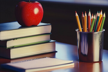 A highly detailed photorealistic image of a school desk with books a red apple and colored pencils captured in vibrant colors with sharp focus and cinematic composition


