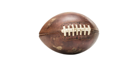 Old worn leather American football with white laces isolated on white background