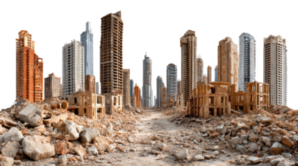 Urban Ruins: A desolate cityscape showcases the remnants of buildings amidst rubble and debris, symbolizing the aftermath of an urban catastrophe.