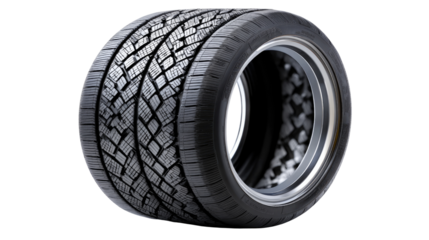 High-Performance Tire Design: A detailed studio shot showcasing a brand new high-performance tire, emphasizing its grip, durability, and sleek design for optimal road performance.