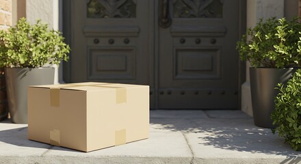 Cardboard Delivery Box Left Unattended on Porch Steps Next to Potted Plants