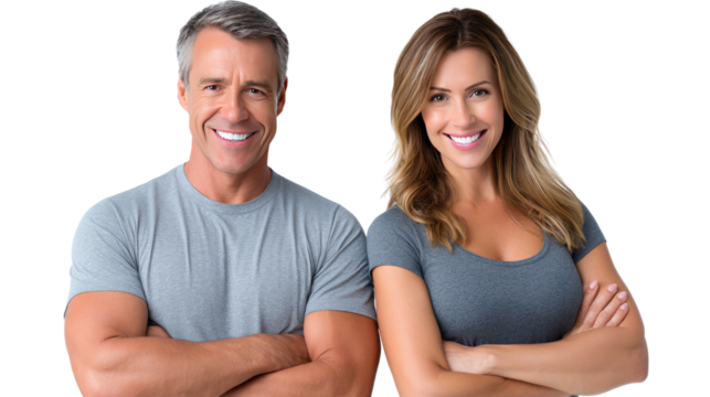 Smiling Couple: A healthy and happy couple stands together, their smiles radiate health and happiness, symbolizing wellness and positivity. 