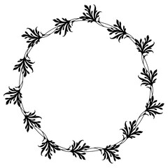 Round floral frame with stylized leaves. Circular botanical wreath border. Black silhouette on white background.
