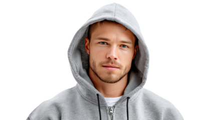 A Thoughtful Glance: A handsome individual with a warm gaze dons a grey hooded sweatshirt, radiating a sense of comfort and introspection.