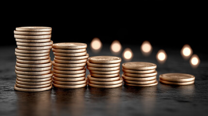 Stacked Coins in Dim Light: A close-up shot of coins, arranged in descending stacks, sits against a dark background that suggests both financial growth and economic decline.