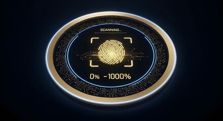 Futuristic fingerprint scanner interface with glowing circular design, representing biometric security, digital identity verification, and cybersecurity tech.

