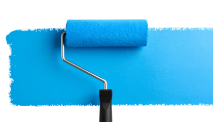 paint roller applying paint blue paint brush stroke isolated on transparent background