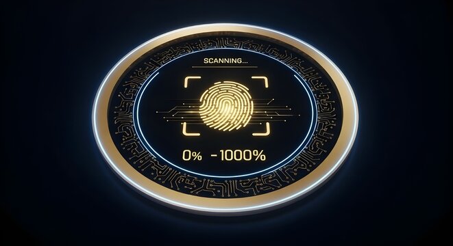 Futuristic fingerprint scanner interface with glowing circular design, representing biometric security, digital identity verification, and cybersecurity tech.

