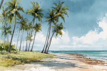 Tropical beach scene with palm trees. Watercolor style
