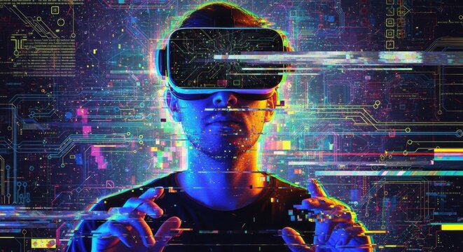 Immersive Cyberpunk Man in VR Headset Interacting with Glitching Digital Matrix