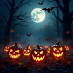 Obraz premium Jack O Lantern Halloween pumpkins on spooky foggy night with moon and dark trees
