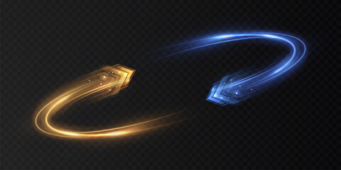 A vibrant circular swirl of glowing blue and gold arrows with dynamic light trails on a dark background. Futuristic swirl design that embodies speed and energy, for interfaces and motion effects.