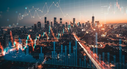 Financial District Cityscape with Stock Market Data Overlay