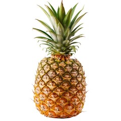 Single pineapple, whole, ripe, yellow-gold skin, vibrant green leaves