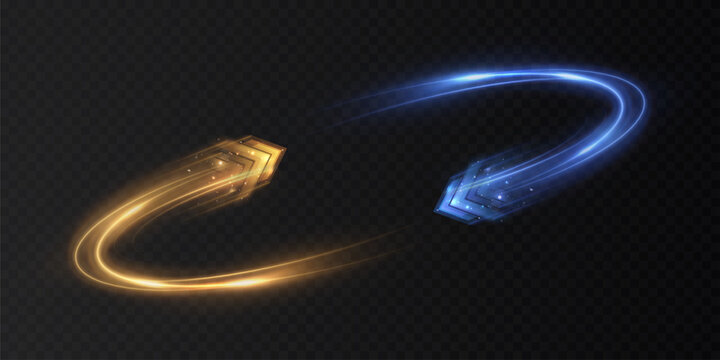 A vibrant circular swirl of glowing blue and gold arrows with dynamic light trails on a dark background. Futuristic swirl design that embodies speed and energy, for interfaces and motion effects.
