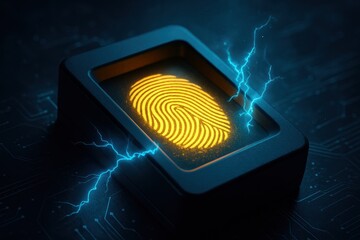 A Glowing Fingerprint in a Digital World Showcasing Identity Verification and Cybersecurity Innovations with Dynamic Lightning Effects