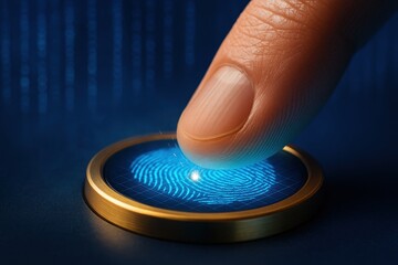 Exploring the Intersection of Technology and Security: A Close-Up of a Finger Engaging with a Digital Fingerprint Scanner on a Blue Background