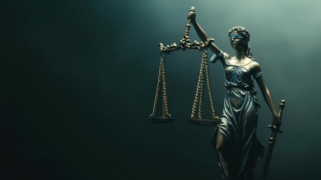 Close-up, dramatic studio shot presents Lady Justice, icon law, fairness. She holds scales, sword, her eyes blindfolded, all under cool, authoritative light.