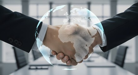 Global Business Partnership: Handshake with Digital Earth Globe Overlay