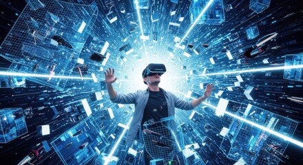 Immersive VR Experience: Man Navigating a Futuristic Digital World with Glowing Blue Cubes