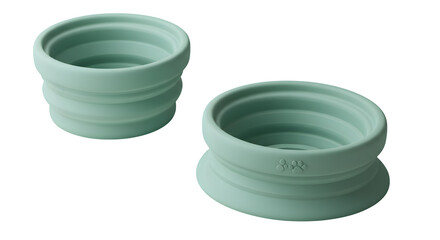 Teal food bowls have ribbed design and paw print. Ideal for product photography, catalog images, website banners, and social media.
