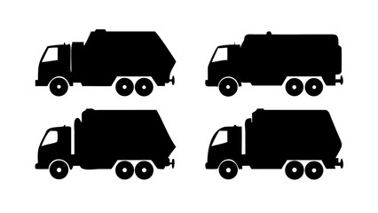 Garbage Truck Silhouettes, Set of 4 Black Vector Icons